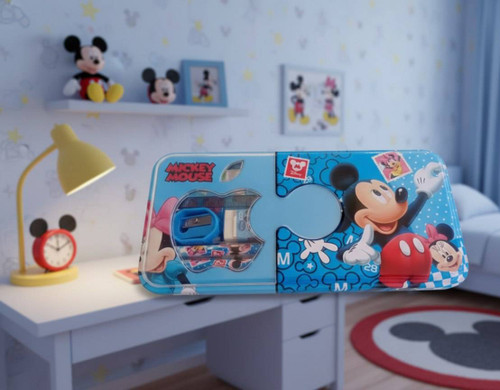 جامدادی فلزی و ست لوازم تحریر میکی موس(جامدادی + خط کش۱۵ سانتی + دو عدد مداد + تراش پاک کن)