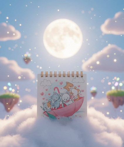 دفترچه 10×10 طرح دار فانتزی طرح گربه در چتر